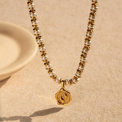 Stainless steel 18k gold-plated pearl necklace