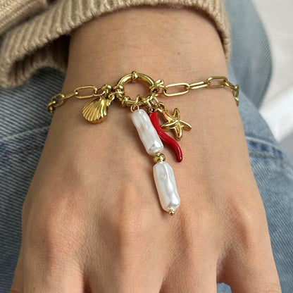 Stainless steel 18k gold-plated marine sailor knot pearl pendant bracelet