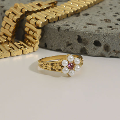 Stainless steel 18k gold-plated pearl flower ring