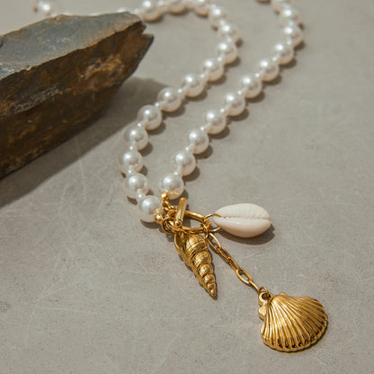 Stainless steel 18k gold-plated pearl necklace