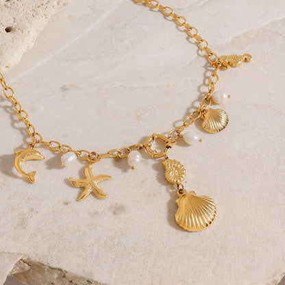 Stainless steel 18k gold-plated shell and pearl pendant necklace