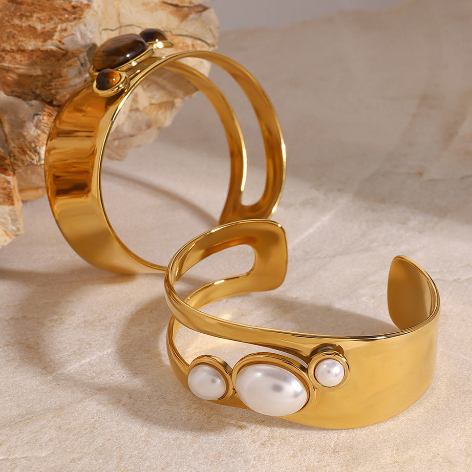 Stainless steel 18k gold-plated open-work pearl bracelet