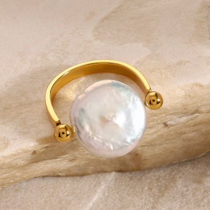 Stainless steel 18k gold-plated pearl ring