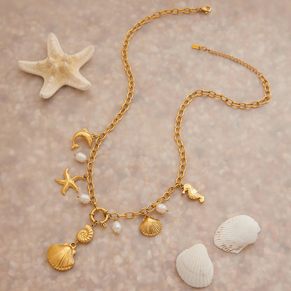 Stainless steel 18k gold-plated shell and pearl pendant necklace