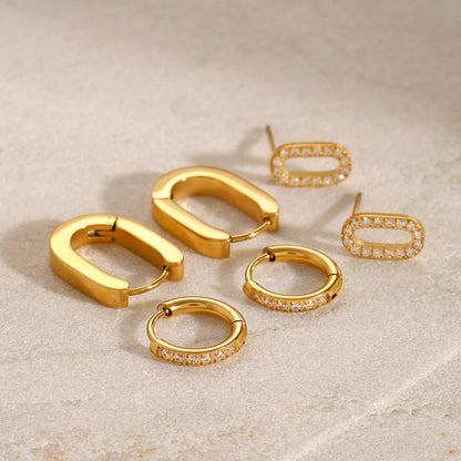 3 pairs of Stainless Steel 18k Gold-plated Circle Rhinestone Earrings