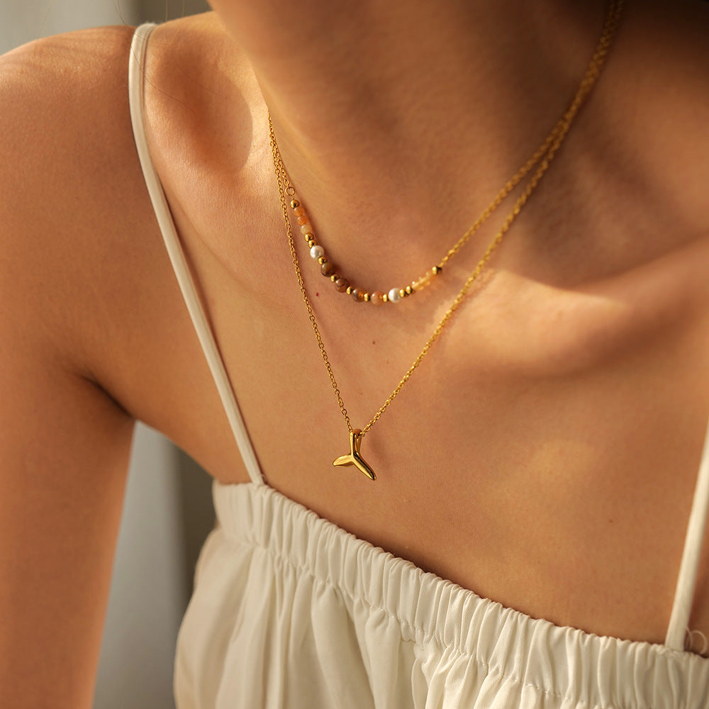 Stainless steel 18k gold-plated double-layered fish tail pendant necklace