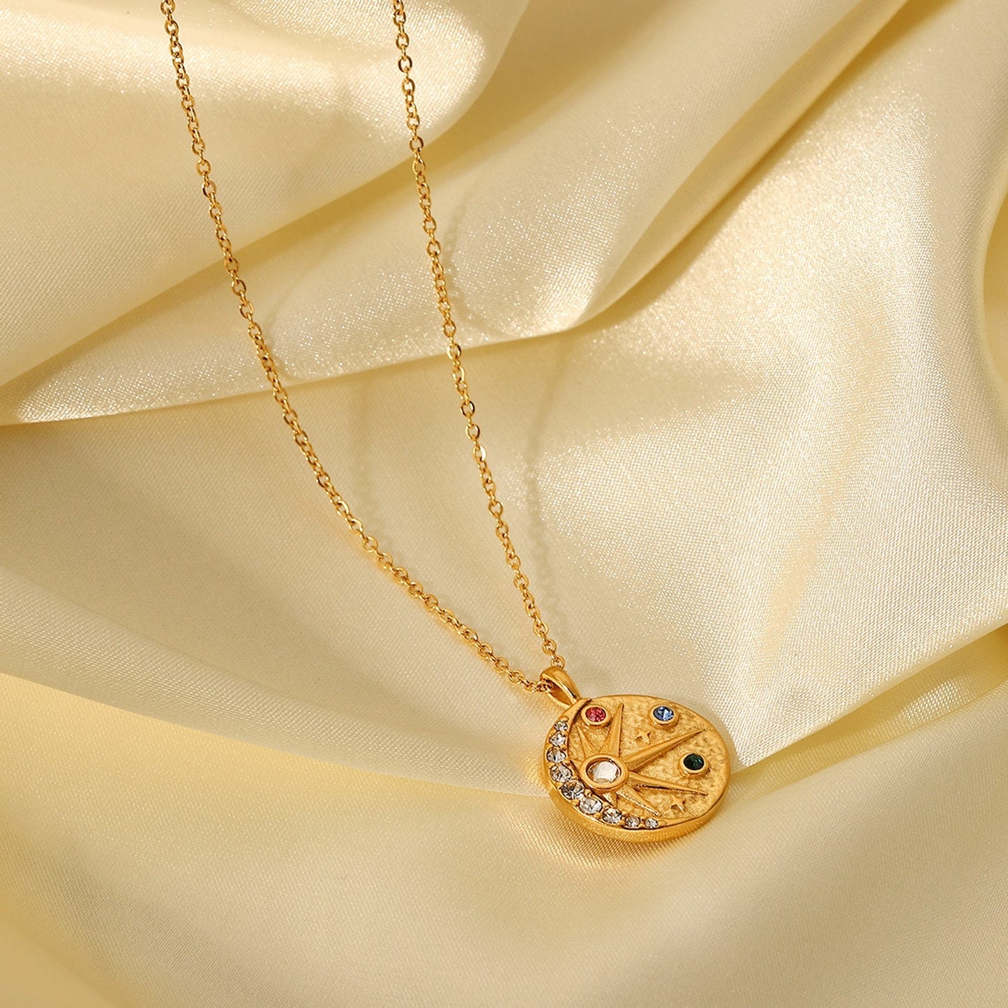 Stainless steel 18k gold-plated sun moon relief drooping pattern colored zircon round medallion pendant necklace