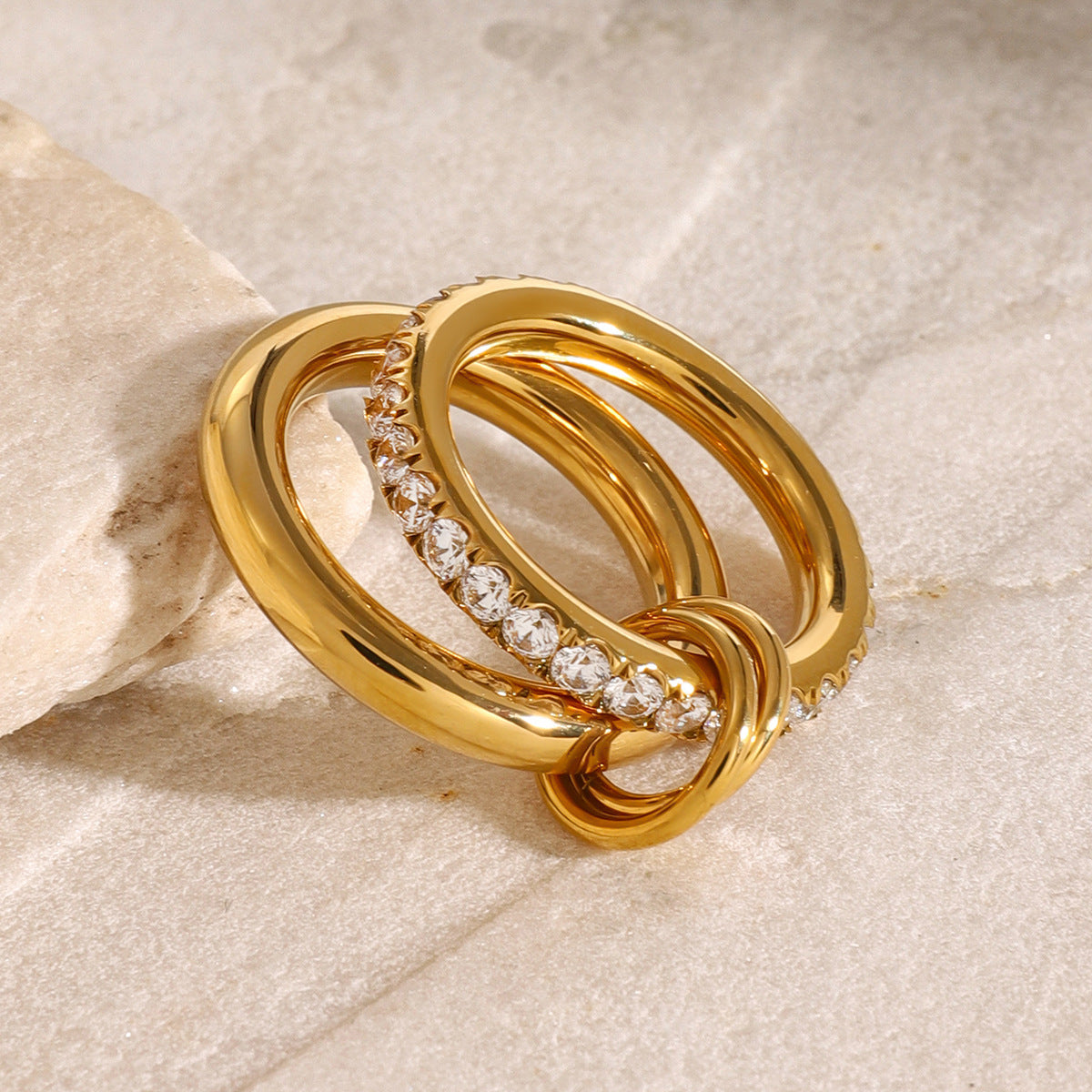Stainless steel 18k gold-plated diamond-embellished stackable plain band rings