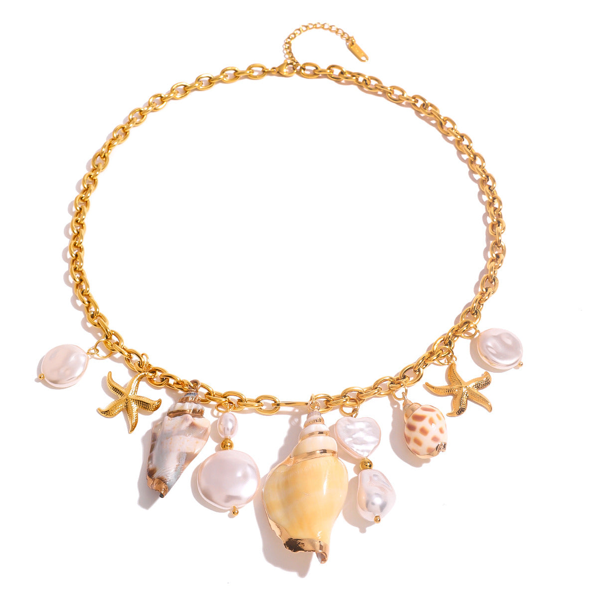 Stainless steel 18k gold-plated shell and pearl pendant necklace