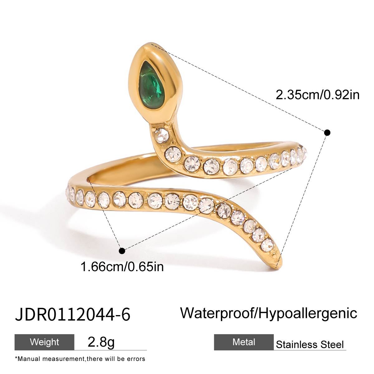 Stainless steel 18k gold-plated zircon snake ring