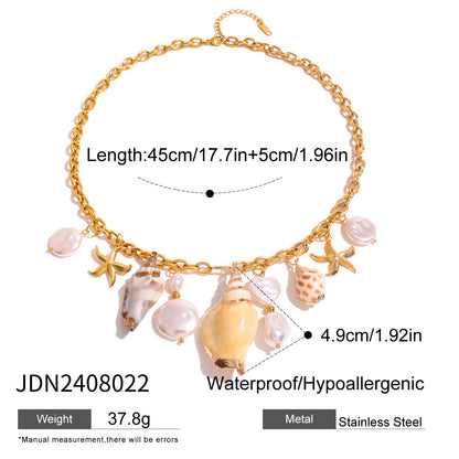 Stainless steel 18k gold-plated shell and pearl pendant necklace