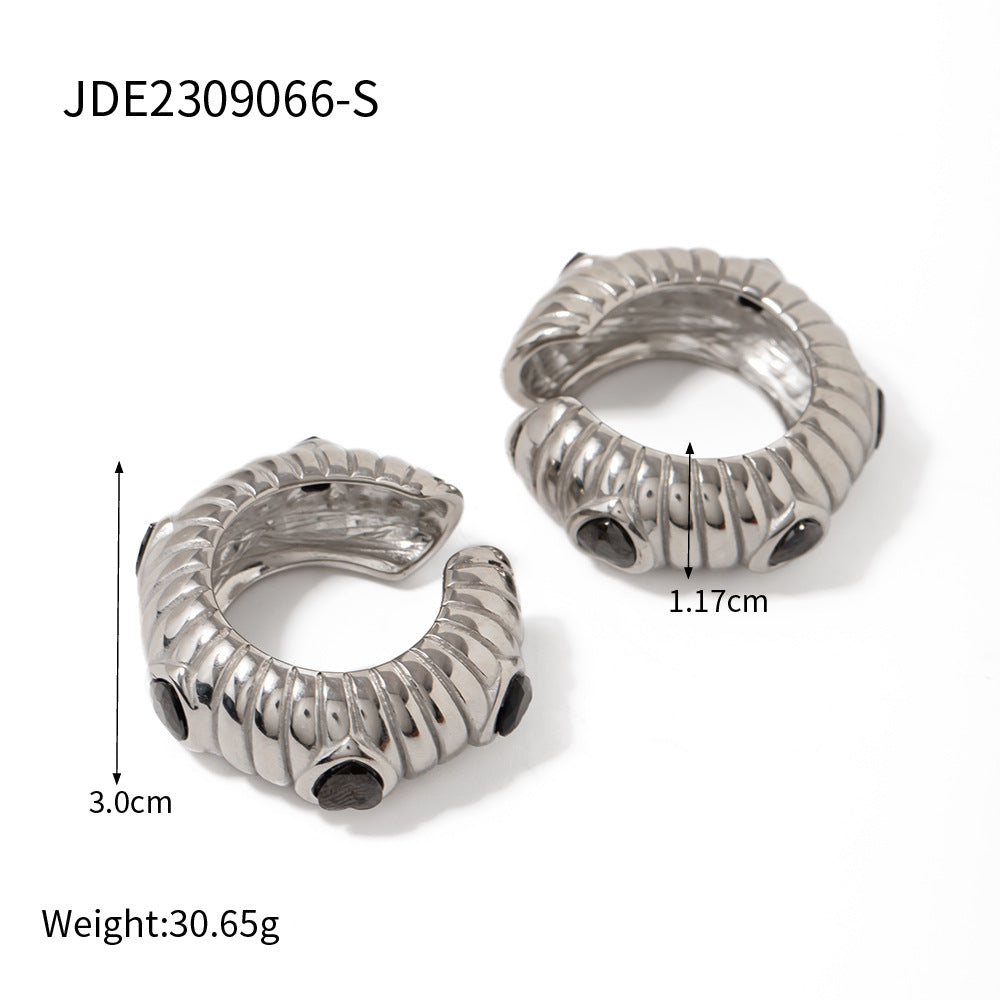 Stainless steel black cubic zirconia puffed texture ear clips