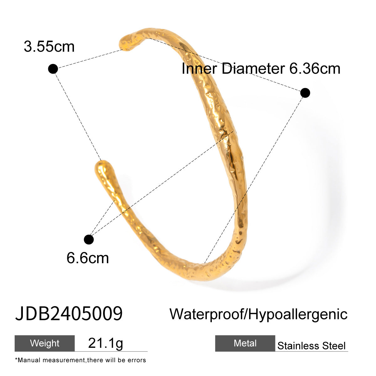 Stainless steel 18k gold-plated irregular-texture open-ended bracelet