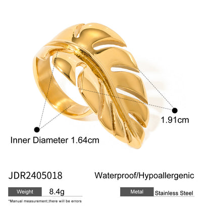 Stainless steel 18k gold-plated leaf-shaped ring