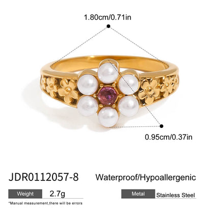 Stainless steel 18k gold-plated pearl flower ring
