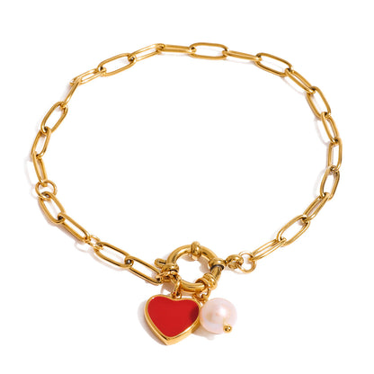 Stainless steel 18k gold-plated pearl heart bracelet