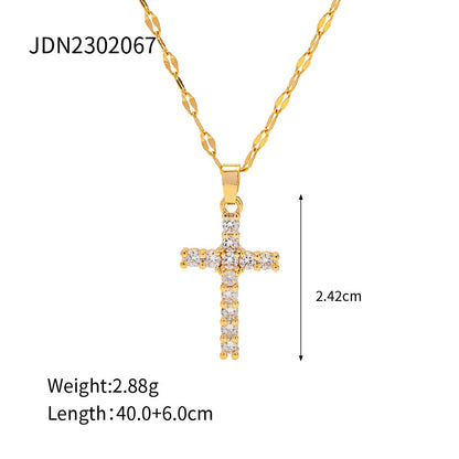 Stainless steel 18k gold-plated white zircon cross necklace