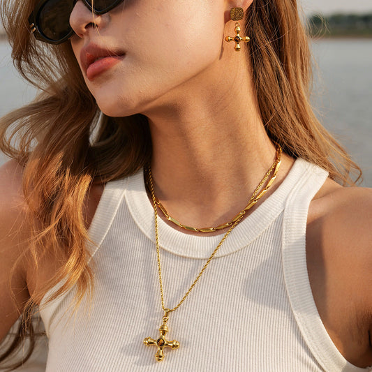 Stainless steel 18k gold-plated tiger's eye stone cross necklace