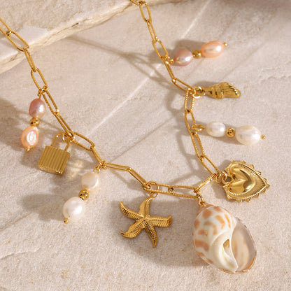 Stainless steel 18k gold-plated heart pearl ocean style necklace