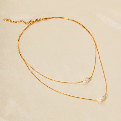 Stainless steel 18k gold-plated double-strand pearl necklace