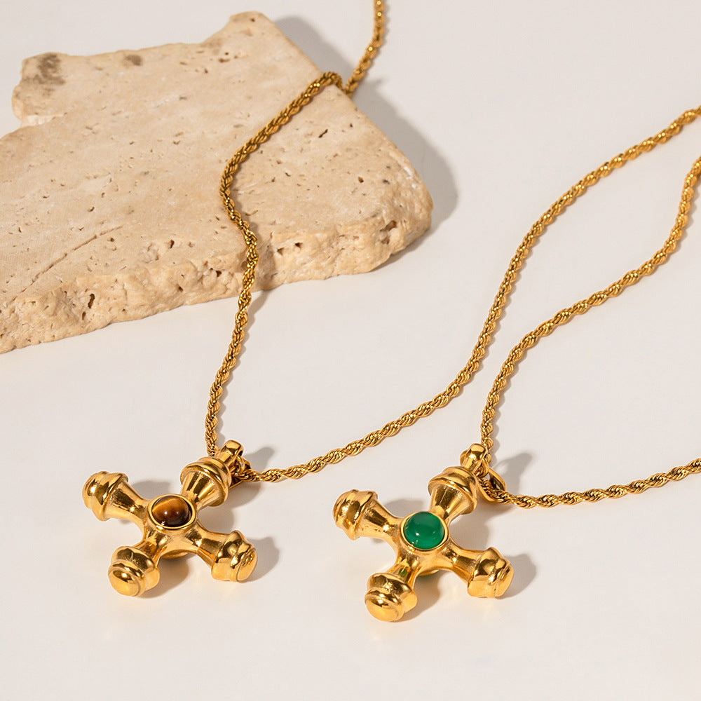 Stainless steel 18k gold-plated tiger's eye stone cross necklace