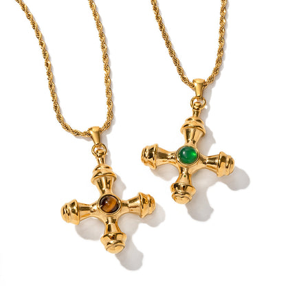 Stainless steel 18k gold-plated tiger's eye stone cross necklace