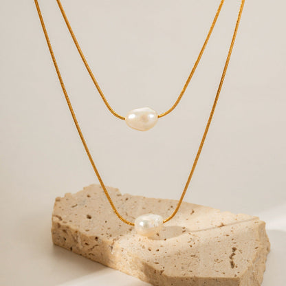 Stainless steel 18k gold-plated double-strand pearl necklace