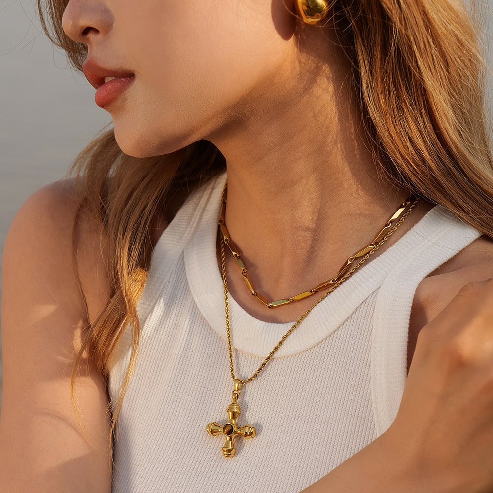 Stainless steel 18k gold-plated tiger's eye stone cross necklace
