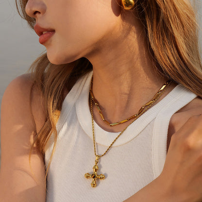 Stainless steel 18k gold-plated tiger's eye stone cross necklace