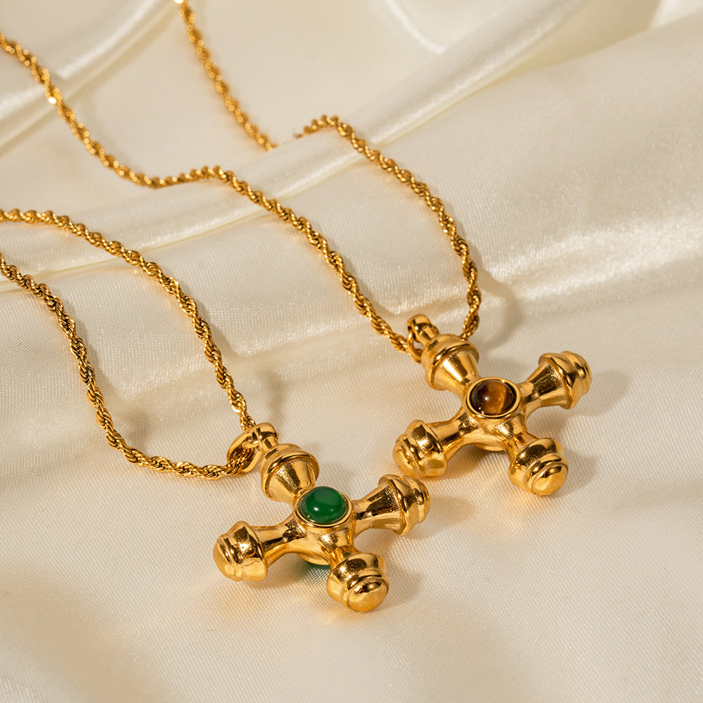 Stainless steel 18k gold-plated tiger's eye stone cross necklace