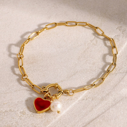Stainless steel 18k gold-plated pearl heart bracelet